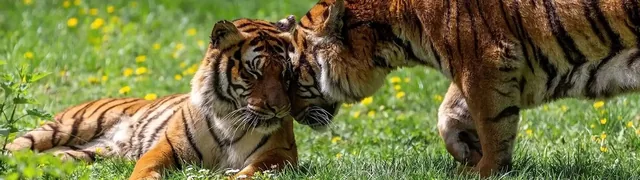 Deux tigres marchant côte à côte dans l'herbe fleurie
