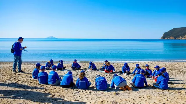 Groupe d'enfants assis en cercle sur une plage autour d'un animateur, la mer en arrière-plan