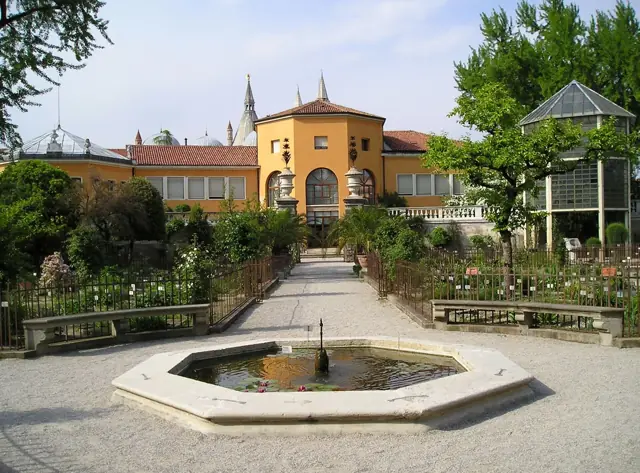 Allées symétriques et fontaine centrale du jardin botanique ancien