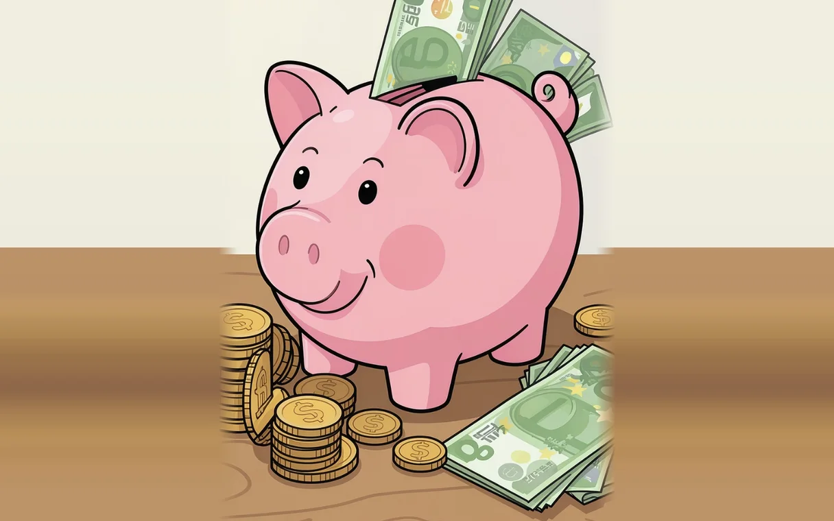 Une tirelire cochon rose entourée de pièces et de billets