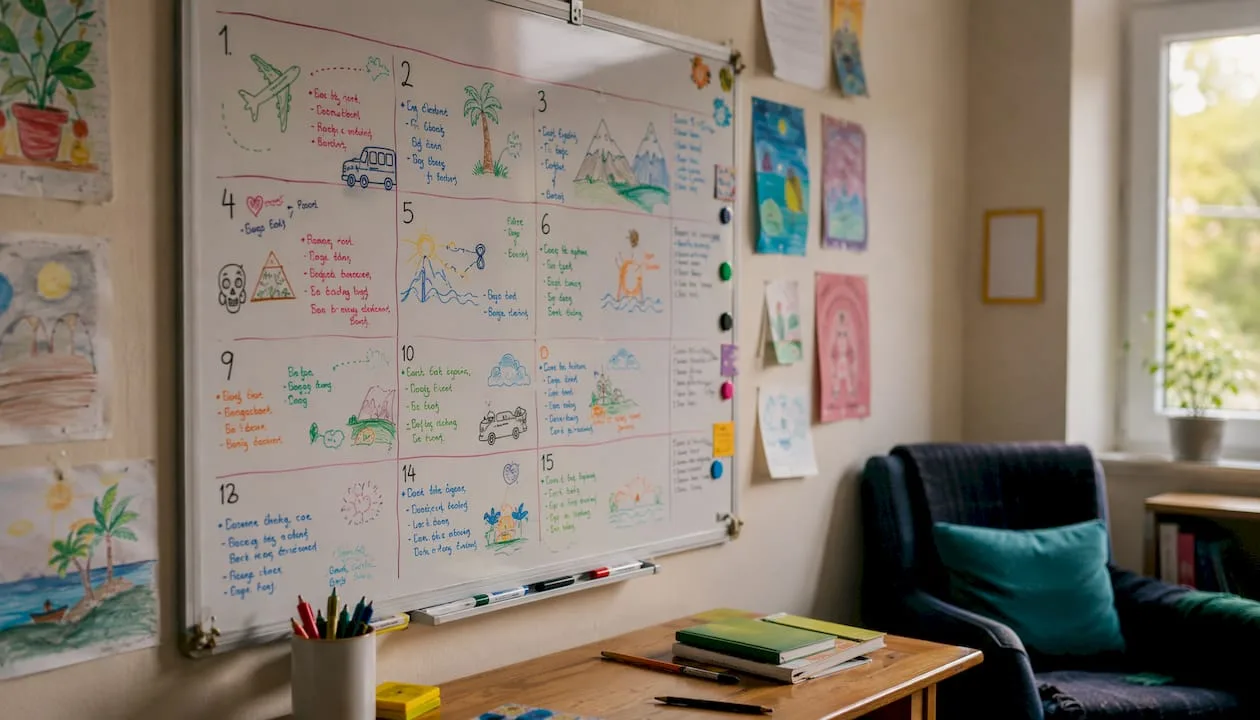 Un tableau blanc de classe couvert d'un planning illustré de voyage scolaire