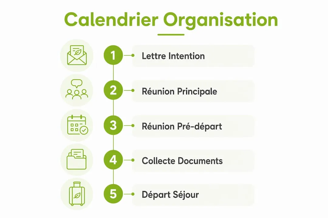 Infographie en cinq étapes : lettre d'intention, réunion principale, réunion de pré-départ, collecte des documents, départ en séjour